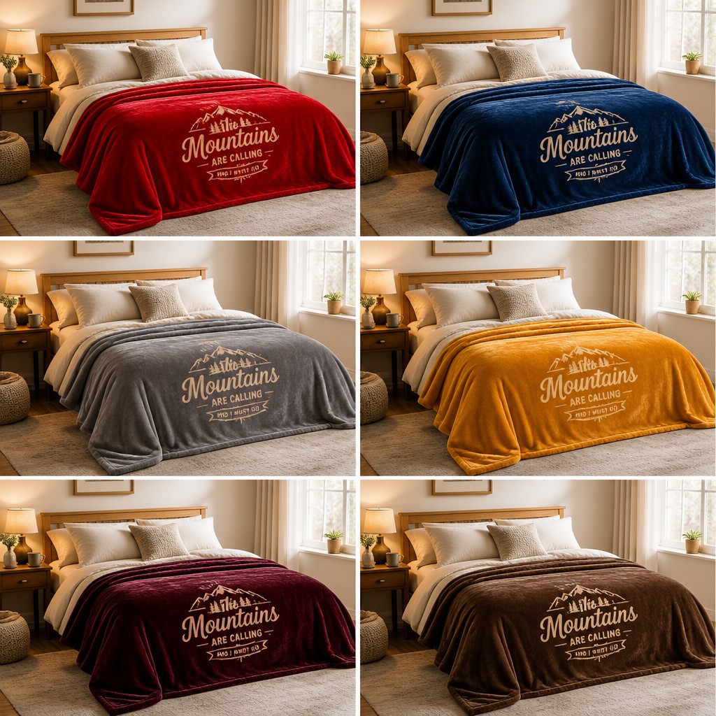 Create a realistic product mockup based on these instructions:
Create a vibrant collection of 6 bed images showcasing a cozy fleece blanket mockup in an inviting bedroom setting. Each blanket should feature one of the following colors: rich red, calming blue, soft grey, luxurious golden, deep burgundy, and warm brown. Emphasize texture and warmth to evoke comfort and style.
Create a professional, photorealistic mockup scene. If the instructions mention a design,
artwork, logo, print or graphic, invent an original, fitting design and integrate it onto the
product realistically with proper perspective, lighting and material texture. Only show a clean,
undecorated product if the instructions explicitly ask for a blank or plain product.