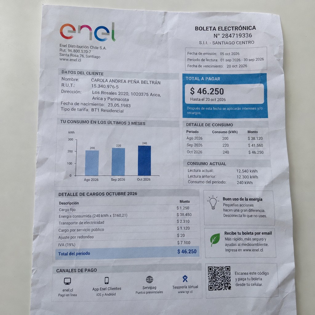 Create a statement, an electricity bill in CHILE. The A4 statement should be realistic, as if it were photographed on a phone. The document should be on a white background. The document must be for the last 3 months of October 2026. The document should contain several transactions and be wrinkled at the edges.
Name CAROLA ANDREA PEÑA BELTRÁN
Address Los Rosales 2020, 1020375 Arica, Arica y Parinacota
R.U.T. 15340976-5
Date of birth 23.05.1983