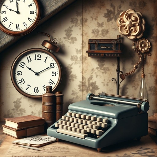 mockup design, Create a mockup design featuring a vintage theme, incorporating faded colors and rustic textures. Include elements like an antique clock, retro typography, and aged paper backgrounds. Showcase items like old books, a classic typewriter, and vintage floral patterns. Aim for a warm, nostalgic atmosphere that evokes memories of a bygone era.