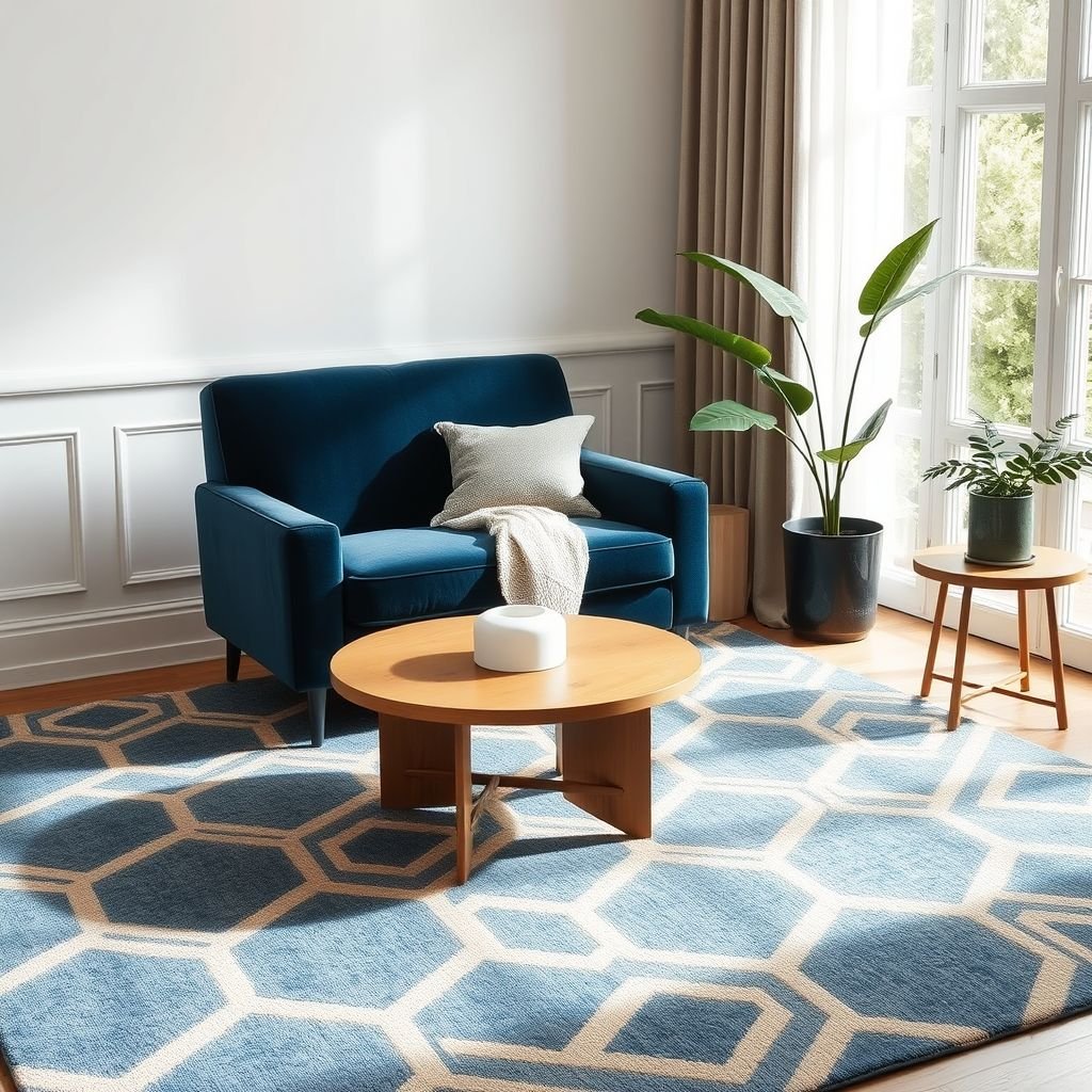 mockup design, Créez un mockup d'un salon élégant, mettant en avant un somptueux tapis de salon aux motifs géométriques modernes. Le tapis s’harmonise avec un fauteuil en velours bleu profond, placé près d'une grande fenêtre laissant entrer la lumière. Ajoutez une table basse en bois naturel et des plantes vertes pour une ambiance chaleureuse.