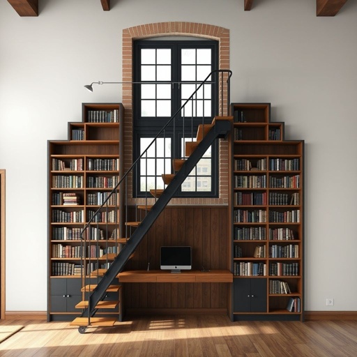 mockup design, Design a functional wall featuring a 6-foot-high fire escape window. The structure integrates a sturdy staircase descending to the floor, cleverly designed to double as bookshelves on both sides, with a built-in desk area beneath the window. The aesthetic blends urban industrial with cozy library vibes, incorporating warm wood tones and metal accents.