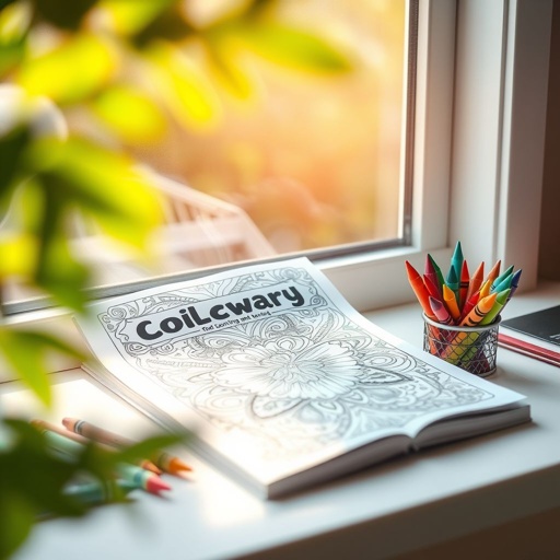 mockup design, Create a cozy scene featuring a coloring book prominently displayed on a desk next to a sunlit window. Surround the book with a vibrant array of crayons in a small holder. In the background, softly blurred green leaves create a calming ambience, while the coloring book’s intricate designs invite creativity.