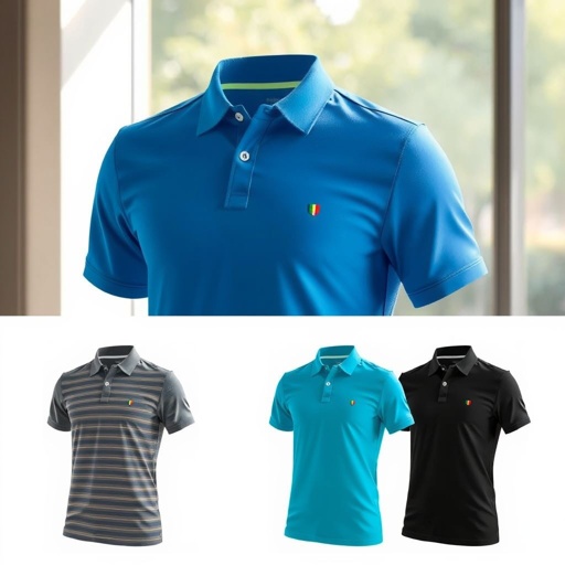 mockup design, Design a mockup for a stylish polo t-shirt featuring a modern cut and vibrant colors. Showcase the fabric’s texture under natural light, emphasizing the collar and button details. Include options for both classic solid colors and trendy patterns, appealing to a diverse audience. Add a subtle logo placement for branding.