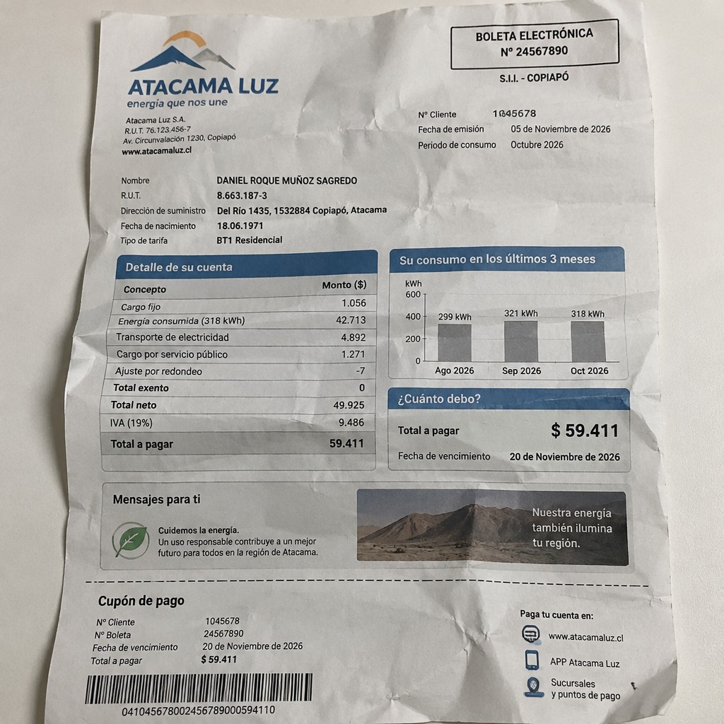 Create a statement, an electricity bill in CHILE. The A4 statement should be realistic, as if it were photographed on a phone. The document should be on a white background. The document must be for the last 3 months of October 2026. The document should contain several transactions and be wrinkled at the edges.
Name DANIEL ROQUE MUÑOZ SAGREDO
Address Del Río 1435, 1532884 Copiapó, Atacama
R.U.T. 8663187-3
Date of birth 18.06.1971