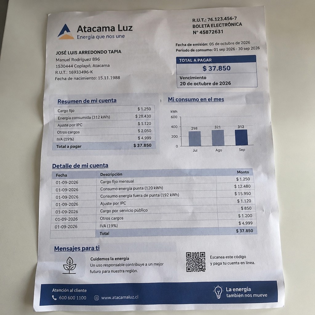Create a statement, an electricity bill in CHILE. The A4 statement should be realistic, as if it were photographed on a phone. The document should be on a white background. The document must be for the last 3 months of October 2026. The document should contain several transactions and be wrinkled at the edges.
Name JOSÉ LUIS ARREDONDO TAPIA
Address Manuel Rodríguez 896, 1530444 Copiapó, Atacama
R.U.T. 16933496-K
Date of birth 15.11.1988