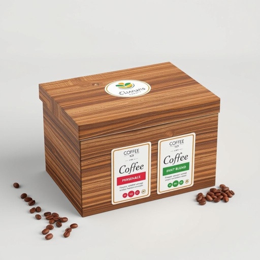 mockup design, Create a visually appealing mockup design for a customizable coffee box. The box features an elegant, rustic aesthetic with wood grain textures and a sliding lid. Incorporate space for personalized labels, showcasing various coffee blends. Include vibrant colors for coffee beans, enticing ingredients, and a charming logo at the top.