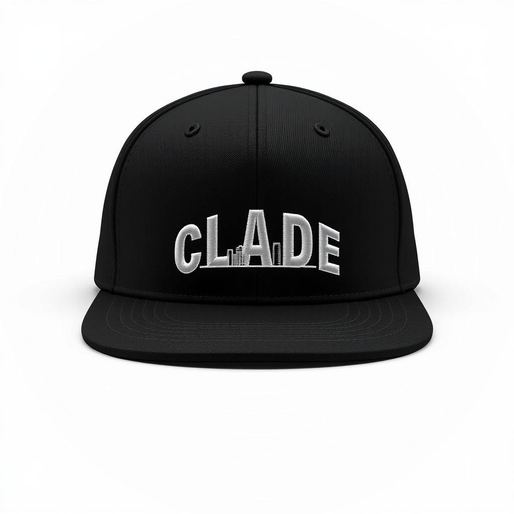 mockup design, Design a stylish black hat featuring the CLADE brand name prominently arched across the front, with a modern skyline embroidered in a semi-circle beneath the text. The embroidery should use a contrasting thread color for high visibility. The hat should have a sleek, contemporary silhouette, appealing to urban fashion enthusiasts.