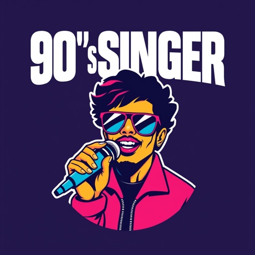 mockup design, Design a vibrant, 90’s-inspired graphic symbol representing a solo singer. Incorporate bold colors, geometric shapes, and retro typography. The figure should exude charisma and energy, capturing the essence of pop culture from that era. Features like oversized sunglasses, a vintage microphone, and playful patterns can enhance the nostalgic feel.