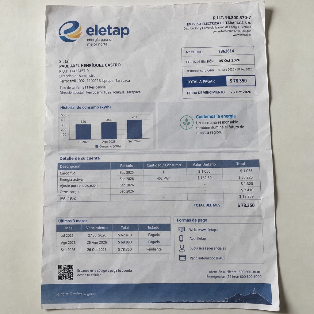 Create a statement, an electricity bill in CHILE. The A4 statement should be realistic, as if it were photographed on a phone. The document should be on a white background. The document must be for the last 3 months of October 2026. The document should contain several transactions and be wrinkled at the edges.
Name PAUL AXEL HENRÍQUEZ CASTRO
Address Ferrocarril 1092, 1100113 Iquique, Tarapacá
R.U.T. 17422457-9
Date of birth 09.08.1990