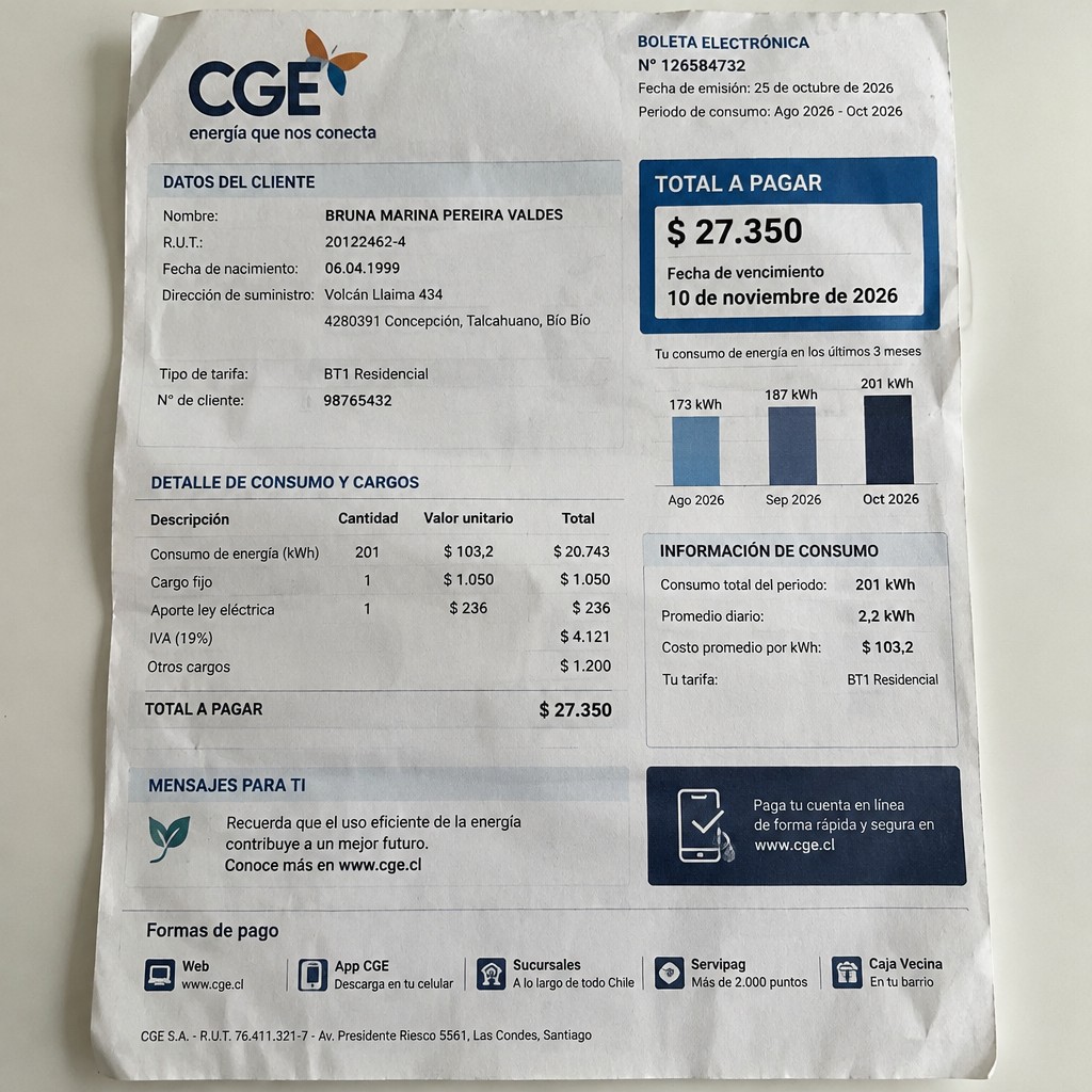Create a statement, an electricity bill in CHILE. The A4 statement should be realistic, as if it were photographed on a phone. The document should be on a white background. The document must be for the last 3 months of October 2026. The document should contain several transactions and be wrinkled at the edges.
Name BRUNA MARINA PEREIRA VALDES
Address Volcán Llaima 434, 4280391 Concepción, Talcahuano, Bío Bío
R.U.T. 20122462-4
Date of birth 06.04.1999
Date of discharge 25.10.2026 (OCTOBER 2026)
