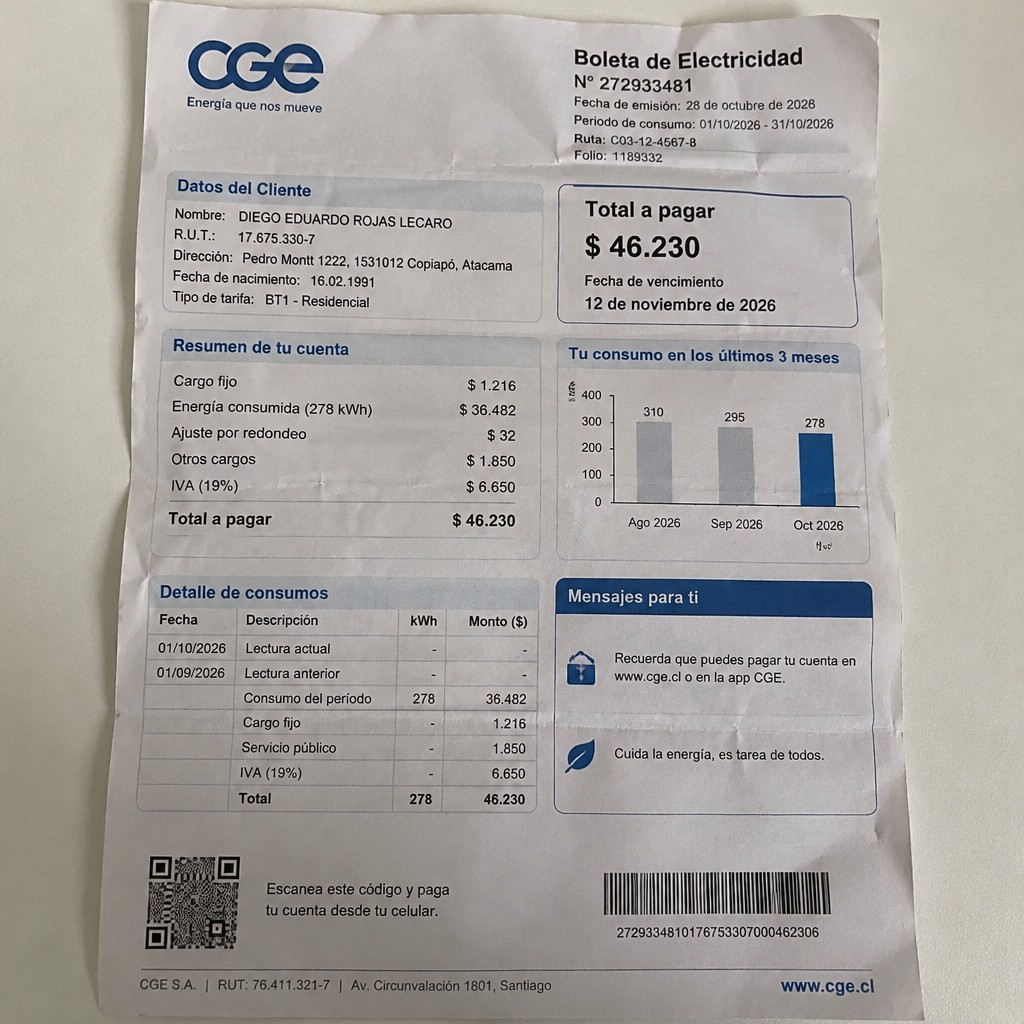 Create a statement, an electricity bill in CHILE. The A4 statement should be realistic, as if it were photographed on a phone. The document should be on a white background. The document must be for the last 3 months of October 2026. The document should contain several transactions and be wrinkled at the edges.
Name DIEGO EDUARDO ROJAS LECARO
Address Pedro Montt 1222, 1531012 Copiapó, Atacama
R.U.T. 17675330-7
Date of birth 16.02.1991