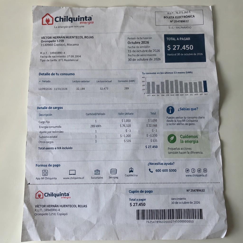 Create a statement, an electricity bill in CHILE. The A4 statement should be realistic, as if it were photographed on a phone. The document should be on a white background. The document must be for the last 3 months of October 2026. The document should contain several transactions and be wrinkled at the edges.
Name VÍCTOR HERNÁN HUENTECOL ROJAS
Address Orompello 1259, 1530988 Copiapó, Atacama
R.U.T. 18945990-4
Date of birth 07.09.1994