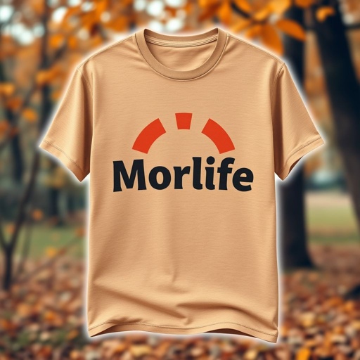 mockup design, Design a mockup for a trendy T-shirt featuring the "Morlife" brand name prominently displayed in a bold, graphic style. Incorporate a palette of warm fall colors—rich oranges, deep reds, and earthy browns. The shirt fabric appears soft and comfortable, perfect for autumn layering, set against a cozy outdoor backdrop.