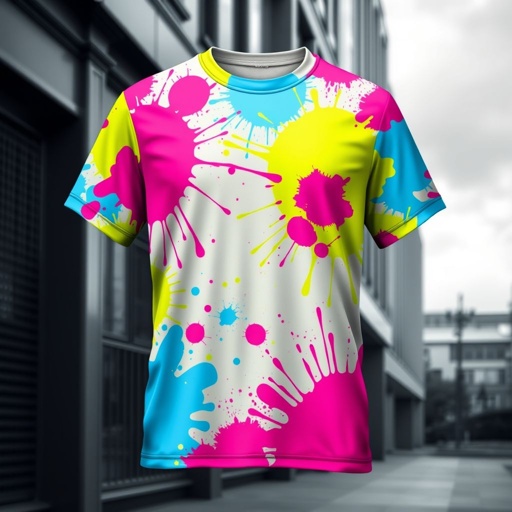 mockup design, Design a vibrant T-shirt mockup featuring large, bold splashes of neon colors that cover the entire fabric. The design should include an array of eye-catching hues like electric blue, hot pink, and neon green, creating a modern, energetic vibe. Showcase this T-shirt against a contrasting urban backdrop for added impact.