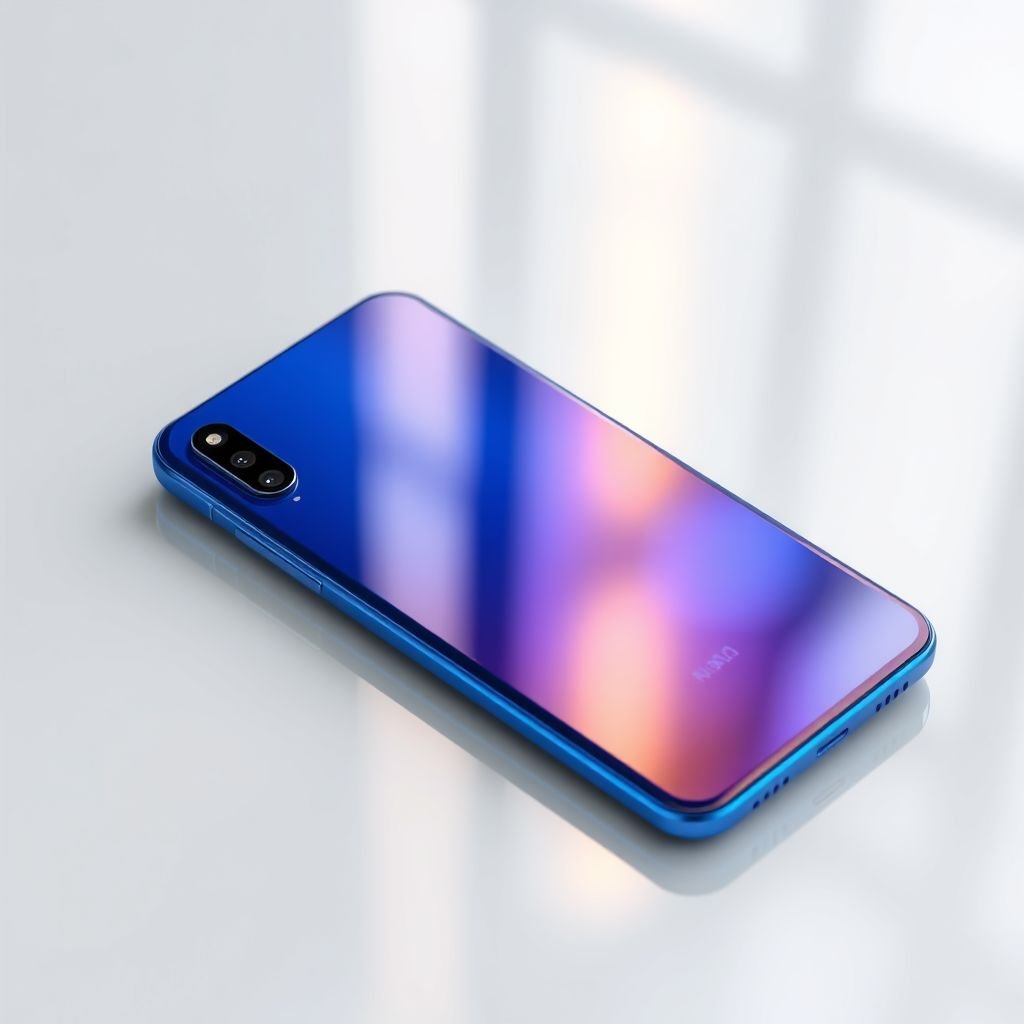 A sleek LG Mi 11 smartphone rests elegantly on a glossy surface. Vibrant blue casing reflects soft ambient light, highlighting a 6.0-inch screen showcasing stunning visuals. A 40 MP camera lens glimmers with precision, while the sophisticated design hints at luxury. Subtle textures and contours embody modern innovation and technological prowess.