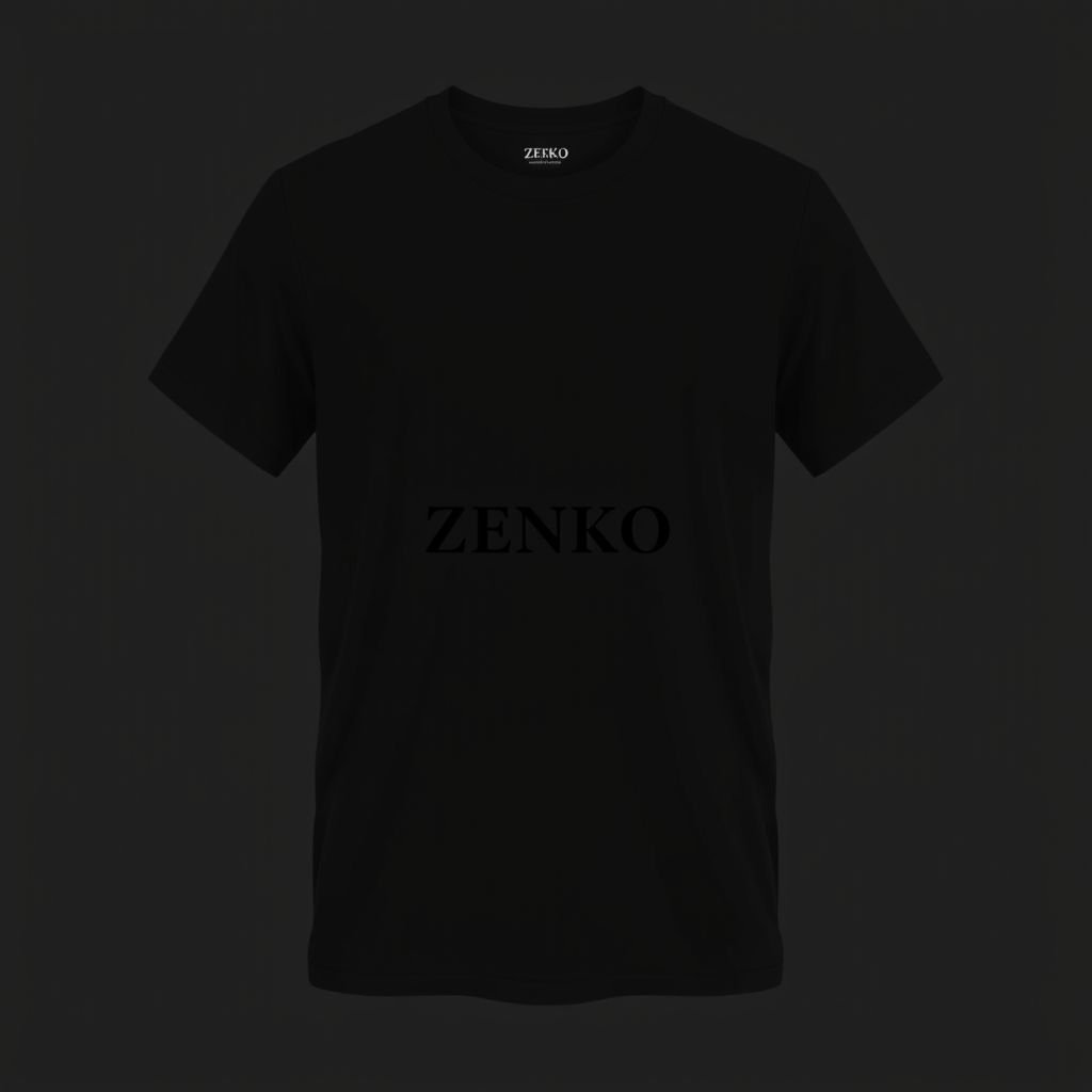 mockup design, Concevez un t-shirt moderne et élégant intitulé "ZENKO", qui incarne la maturité et le style streetwear. Le design doit inclure un logo artisanal minimaliste, discret mais facilement identifiable, placé sur le devant. Utilisez des couleurs neutres comme le noir, le gris ou le blanc, sans poches, pour une allure épurée.