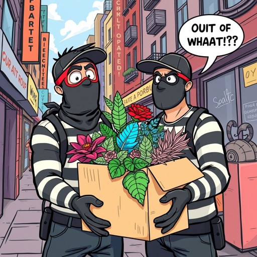 mockup design, Create a vibrant, comic-style illustration featuring two quirky robbers in a bustling urban setting. One robber, clad in a striped shirt and ski mask, is holding a large box overflowing with colorful plants, a look of confusion on his face. "Out of what?" he exclaims, eyebrows raised, as the other looks puzzled.