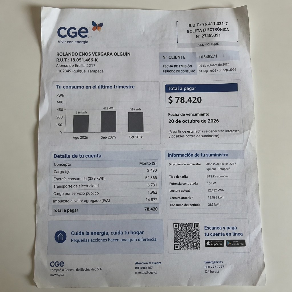 Create a statement, an electricity bill in CHILE. The A4 statement should be realistic, as if it were photographed on a phone. The document should be on a white background. The document must be for the last 3 months of October 2026. The document should contain several transactions and be wrinkled at the edges.
Name ROLANDO ENOS VERGARA OLGUÍN
Address Alonso de Ercilla 2217, 1102349 Iquique, Tarapacá
R.U.T. 18051466-K
Date of birth 01.02.1992