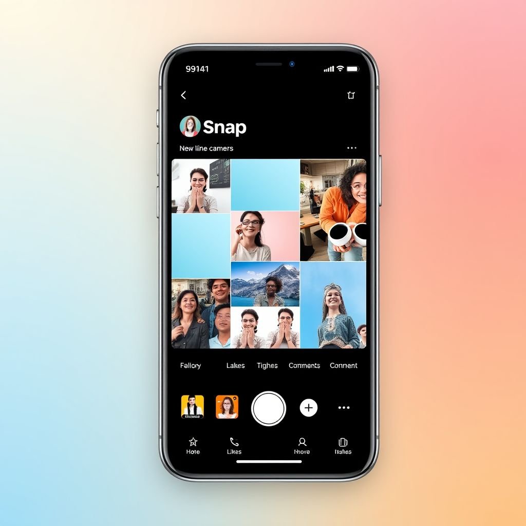 mockup design, Design a sleek, modern mobile app interface for Snap, a photo-sharing platform. The screen showcases vibrant user-generated images, a streamlined navigation toolbar at the bottom, and an engaging camera feature with playful filters. Include notifications of new likes and comments, emphasizing a user-friendly experience that encourages social interaction and creativity.