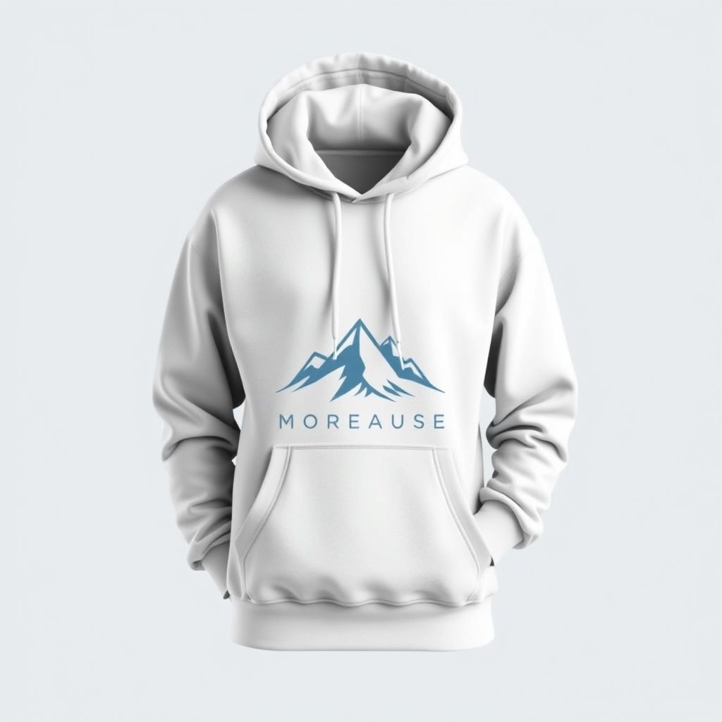 mockup design, Create a mockup design for a cozy hoodie featuring a minimalist aesthetic. Use a soft color palette of pastel blues and grays, and include a unique graphic of a mountain landscape on the front. The hoodie should have an adjustable drawstring hood, kangaroo pocket, and ribbed cuffs for a stylish, comfortable fit.