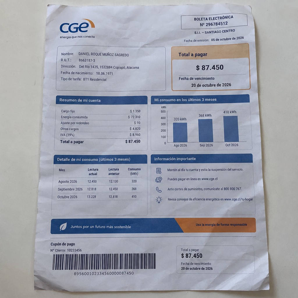 Create a statement, an electricity bill in CHILE. The A4 statement should be realistic, as if it were photographed on a phone. The document should be on a white background. The document must be for the last 3 months of October 2026. The document should contain several transactions and be wrinkled at the edges.
Name DANIEL ROQUE MUÑOZ SAGREDO
Address Del Río 1435, 1532884 Copiapó, Atacama
R.U.T. 8663187-3
Date of birth 18.06.1971