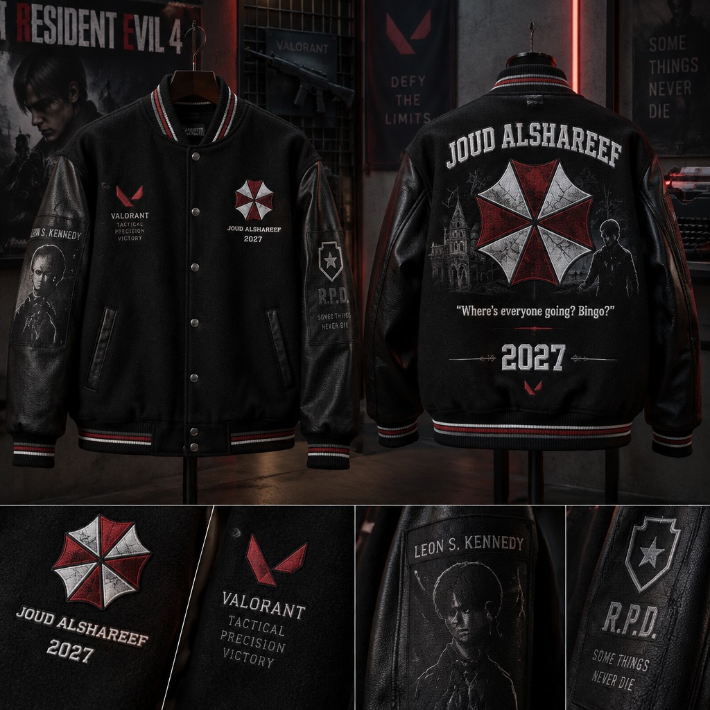 Design a realistic, high-quality black varsity jacket inspired by Resident Evil 4 and Valorant.
Create a dark, stylish gaming aesthetic with subtle red, white, and silver details.
BACK OF THE JACKET:
* Large Umbrella Corporation logo.
* The famous Leon Kennedy quote: “Where’s everyone going? Bingo?”
* The name “JOUD ALSHAREEF” in premium embroidered lettering.
* The year “2027” in bold, stylish embroidery.
* Add subtle Resident Evil 4 graphics and Leon Kennedy-inspired details.
FRONT OF THE JACKET:
* Small Umbrella logo on the chest.
* Small Valorant logo with subtle futuristic tactical graphics.
* “JOUD ALSHAREEF” in a small premium embroidered detail.
* “2027” as a small matching detail.
Make the Resident Evil 4 elements the main theme, with Valorant elements subtly incorporated.
The jacket must look like a real premium jacket that could actually be manufactured and sold in a store. Use realistic fabric, stitching, embroidery, patches, metal buttons, and detailed textures.
Show the jacket from the front and back clearly. Make the design stylish, modern, clean, and not overcrowded.