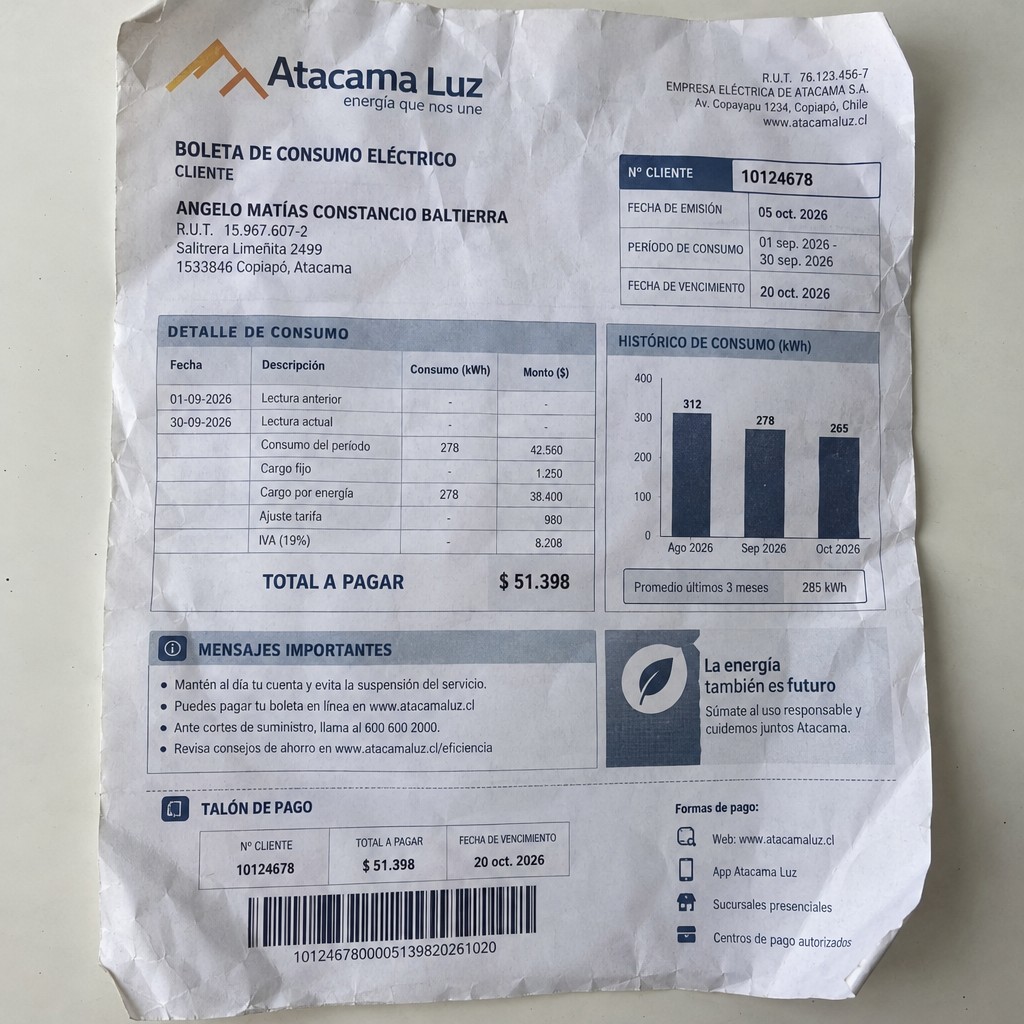 Create a statement, an electricity bill in CHILE. The A4 statement should be realistic, as if it were photographed on a phone. The document should be on a white background. The document must be for the last 3 months of October 2026. The document should contain several transactions and be wrinkled at the edges.
Name ANGELO MATÍAS CONSTANCIO BALTIERRA
Address Salitrera Limeñita 2499, 1533846 Copiapó, Atacama
R.U.T. 15967607-2
Date of birth 27.02.1985