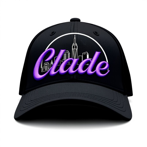 mockup design, Design a stylish black baseball hat featuring the brand name "Clade" elegantly embroidered in vibrant purple lettering. Incorporate a striking city skyline within a circular backdrop behind the brand name, enhancing the urban vibe. The overall aesthetic should evoke a modern, youthful feel, perfect for city dwellers and fashion enthusiasts alike.