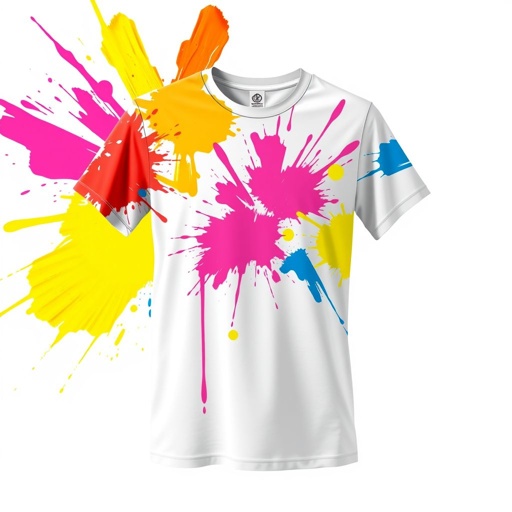 mockup design, Entwerfen Sie ein T-Shirt, das mit großzügigen, bunten Paint-Klecksen verziert ist. Die Farben sollten lebhaft und kontrastreich sein, um einen energetischen Look zu erzeugen. Überlegen Sie sich, wie die Kleckse in einem dynamischen Muster angeordnet sind, vielleicht diagonal oder kreisförmig, um Bewegung und Kreativität auszudrücken.