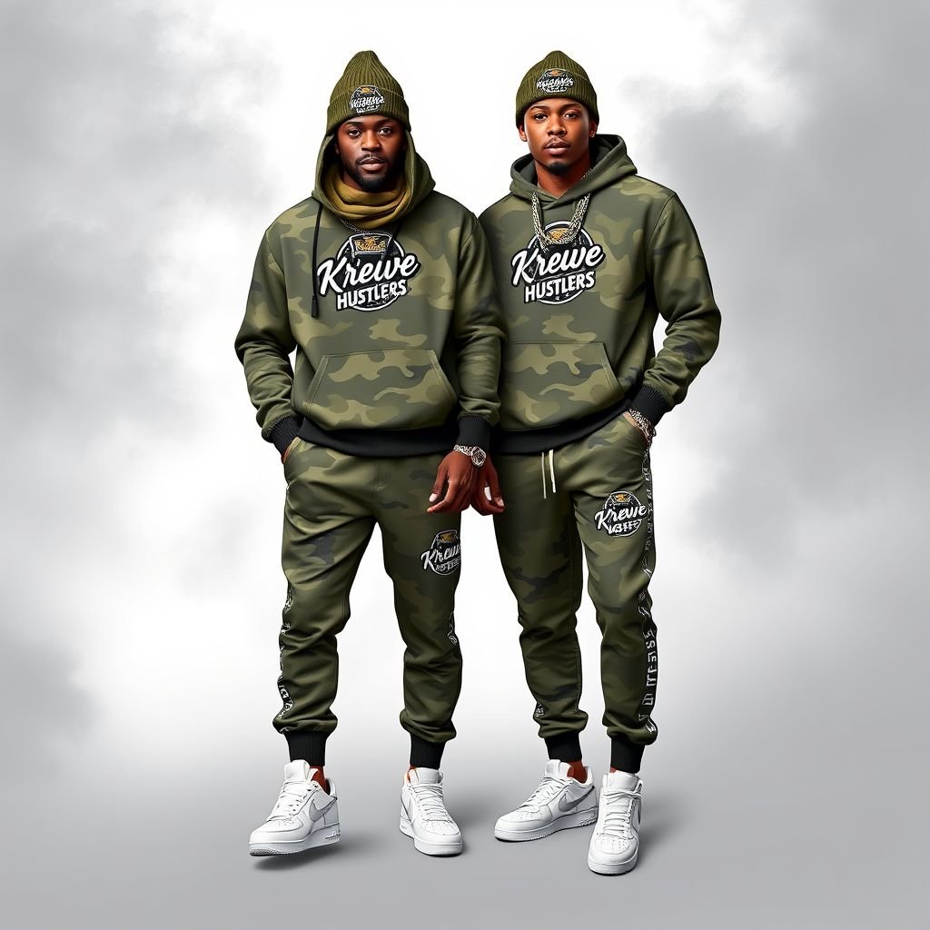 mockup design, Create a vibrant mockup showcasing a trendy Black African American couple wearing a stylish camouflage jogger set, complete with an embroidered hoodie, scarf, and beanie adorned with the "Krewe Of Hustlers" logo in black and white outline. They sport white Air Force Ones and accessorize with Timbs, chains, hats, and bags. Logo elements running down the pant legs add flair to the outfit, emphasizing urban style and individuality. Capture their confident poses in a dynamic, street-inspired background that highlights their fashion-forward look.