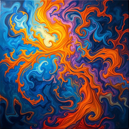 A vibrant canvas filled with swirling colors, a fusion of deep blues and fiery oranges. Ethereal shapes emerge from the chaos, resembling fantastical creatures. Intricate patterns dance across the surface, textures reminiscent of ancient tapestries. Light filters through, casting soft shadows, enhancing the mystical atmosphere of the piece.