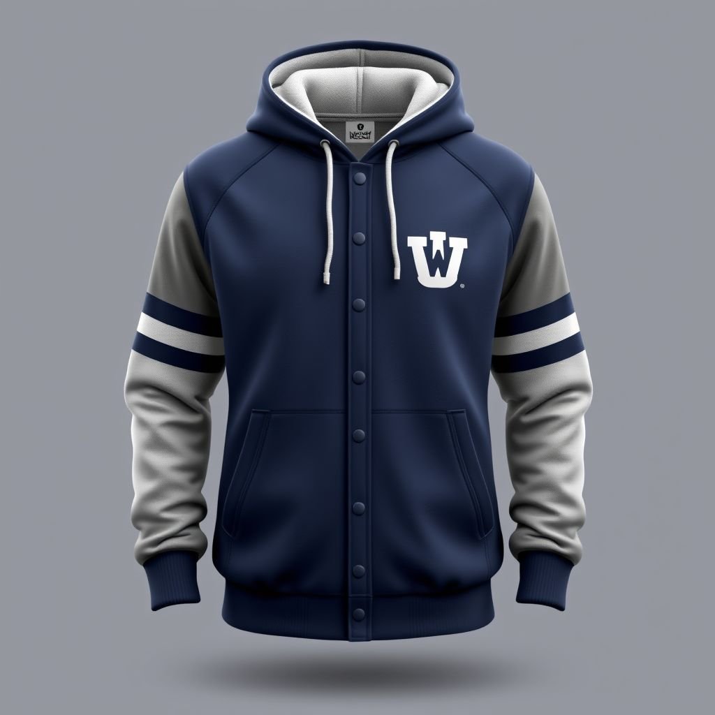 mockup design, Design a stylish hoody that mimics the classic look of a varsity jacket, featuring contrasting sleeves and a soft fleece interior for warmth. Incorporate your logo prominently on the left chest area and add embroidered stripes along the sleeves. Use a sporty color palette to elevate the overall aesthetic.