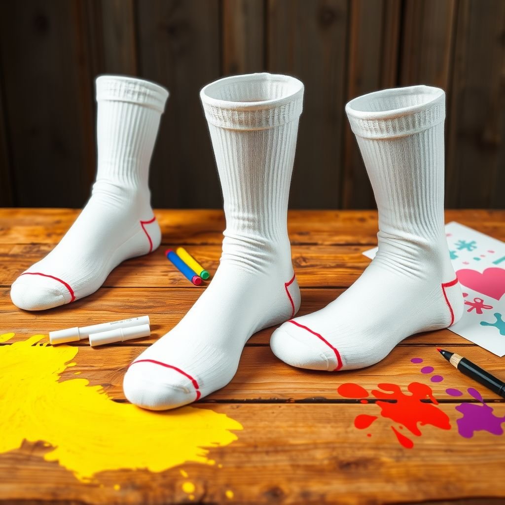 mockup design, Design a vibrant mockup featuring blank socks displayed on a rustic wooden table. Showcase various angles, emphasizing the fabric texture and potential for customization. Incorporate elements like colorful paint splashes and design tools (markers, stencils) to inspire creativity. Use vibrant lighting to highlight the socks while maintaining a minimalist aesthetic.