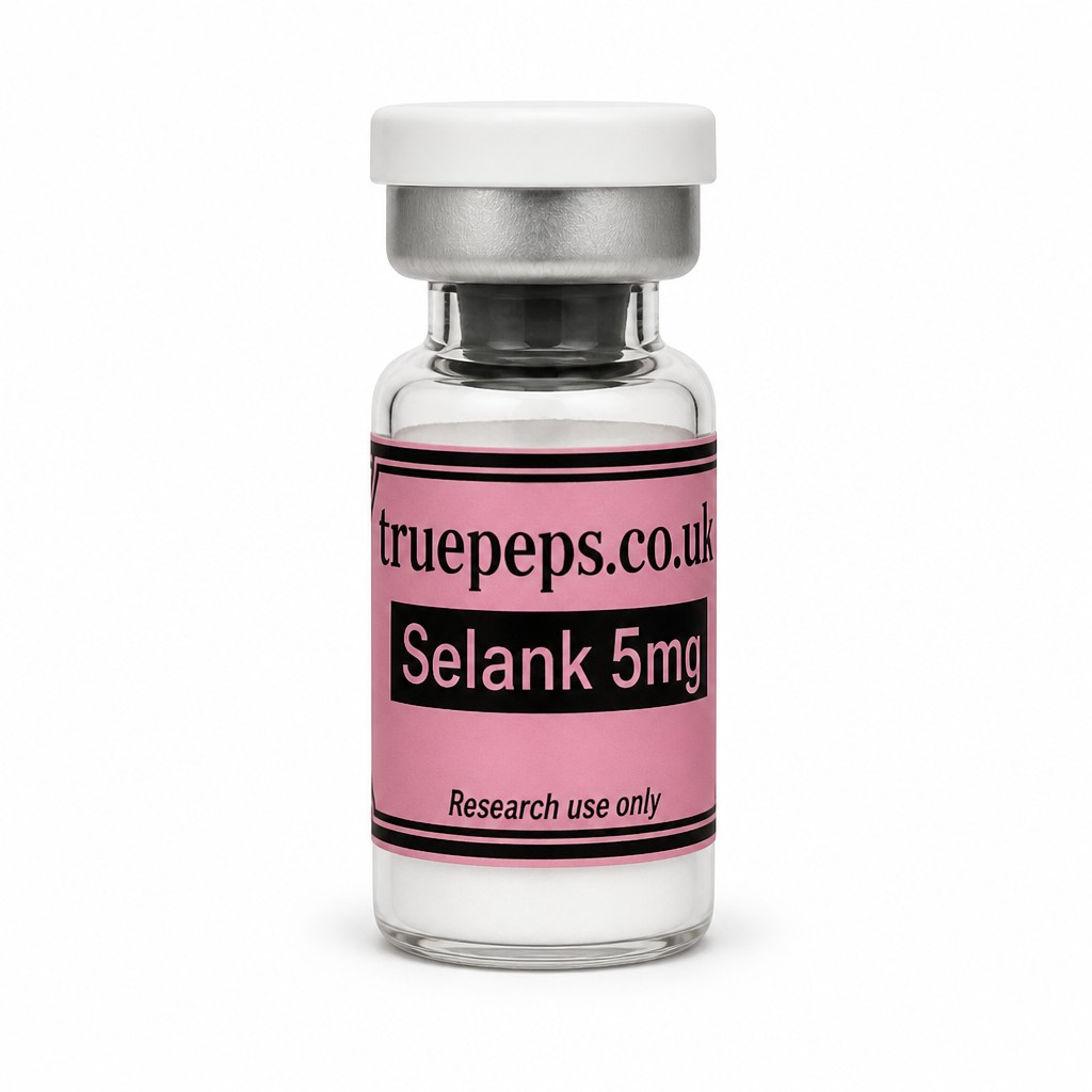 Recreate the exact glass pharmaceutical vial shown in the reference image, with no design changes whatsoever — same white flip-off cap, same silver crimp collar, same clear glass vial, same pink label with black double-line border. Label text must match exactly: "truepeps.co.uk" at the top, a black bar containing "Selank 5mg" in pink text, and "Research use only" in small italic text at the bottom. Do not alter colors, wording, logo, or label layout in any way.
Reframe only: center the vial upright in the middle of the frame, straight-on eye-level angle, full label facing camera and fully legible with no text cut off. Place on a seamless pure white studio background. Soft, even diffused studio lighting with no harsh glare on the glass or cap. Subtle soft realistic shadow directly beneath the vial. Sharp focus throughout, especially the label text. Professional e-commerce product photography style, high detail, 4K.