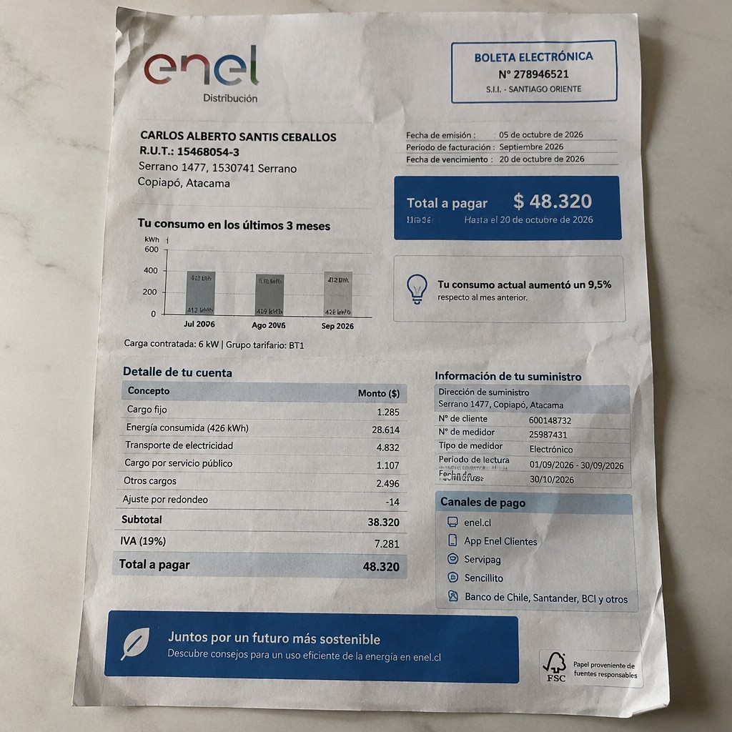 Create a statement, an electricity bill in CHILE. The A4 statement should be realistic, as if it were photographed on a phone. The document should be on a white background. The document must be for the last 3 months of October 2026. The document should contain several transactions and be wrinkled at the edges.
Name CARLOS ALBERTO SANTIS CEBALLOS
Address Serrano 1477, 1530741 Serrano, Copiapó, Atacama
R.U.T. 15468054-3
Date of birth 15.04.1982