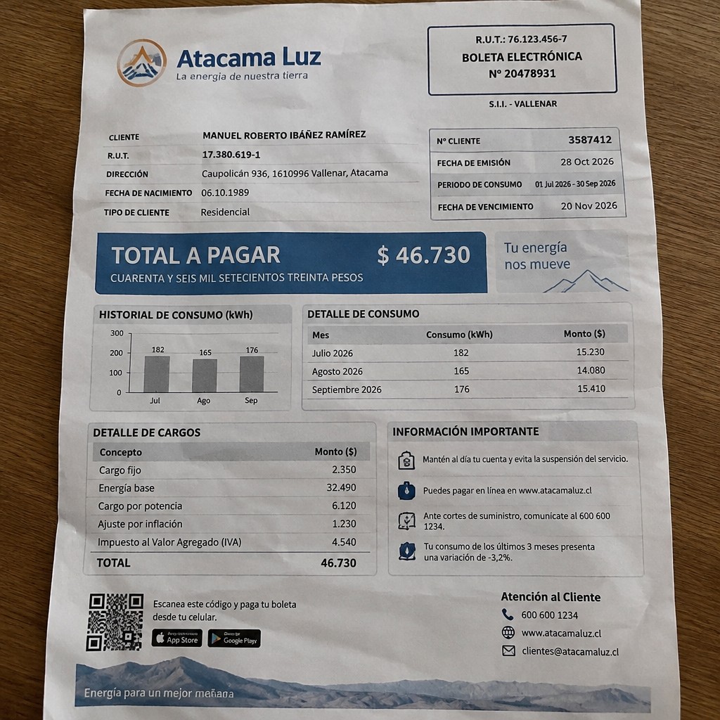 Create a statement, an electricity bill in CHILE. The A4 statement should be realistic, as if it were photographed on a phone. The document should be on a white background. The document must be for the last 3 months of October 2026. The document should contain several transactions and be wrinkled at the edges.
Name MANUEL ROBERTO IBÁÑEZ RAMİREZ
Address Caupolicán 936, 1610996 Vallenar, Atacama
R.U.T. 17380619-1
Date of birth 06.10.1989