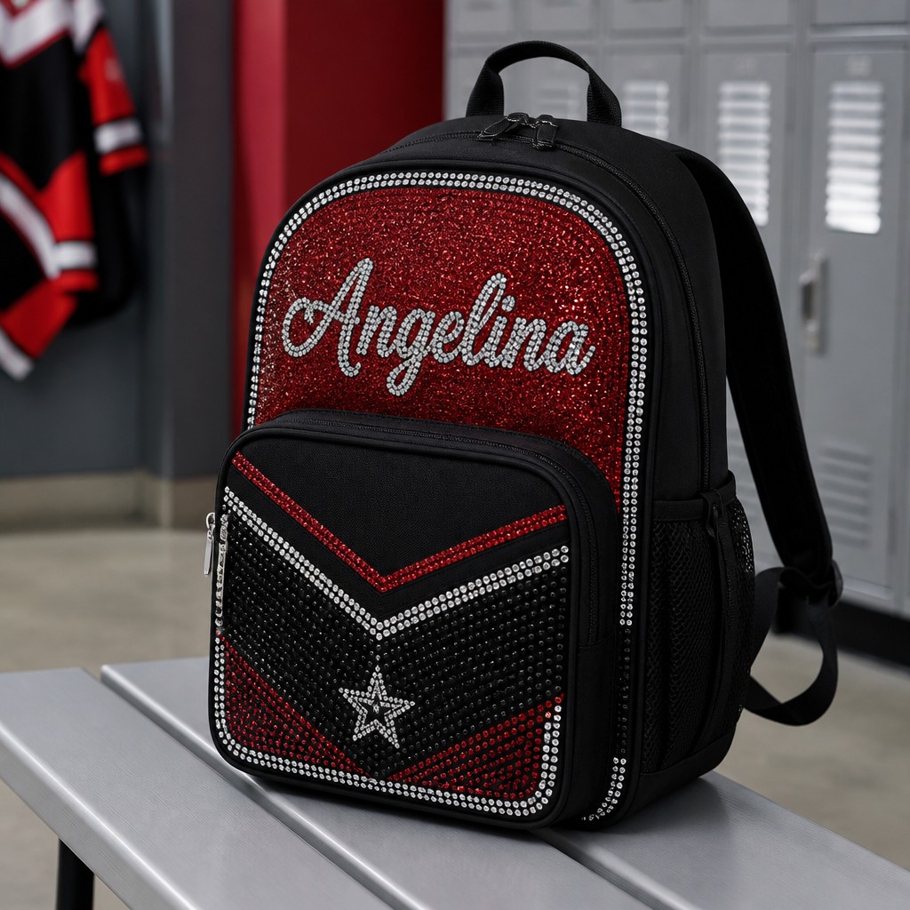 Create a realistic product mockup based on these instructions:
Design a stylish black varsity backpack featuring a vibrant red sparkly finish adorned with shimmering rhinestones along the edges. Three inches below the glimmering top, elegantly display the name “Angelina” in bold, white sparkly vinyl. Ensure the overall aesthetic combines youthfulness with sophistication, perfect for a trendy, modern look.
Create a professional, photorealistic mockup scene. If the instructions mention a design,
artwork, logo, print or graphic, invent an original, fitting design and integrate it onto the
product realistically with proper perspective, lighting and material texture. Only show a clean,
undecorated product if the instructions explicitly ask for a blank or plain product.