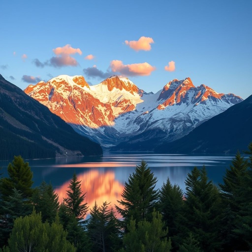 mockup design, Create a stunning mockup design featuring a majestic mountain landscape at sunrise. The scene should include snow-capped peaks glowing in warm hues of orange and pink, with a serene lake reflecting the mountains. Add lush green trees in the foreground and a clear blue sky dotted with soft clouds for depth.