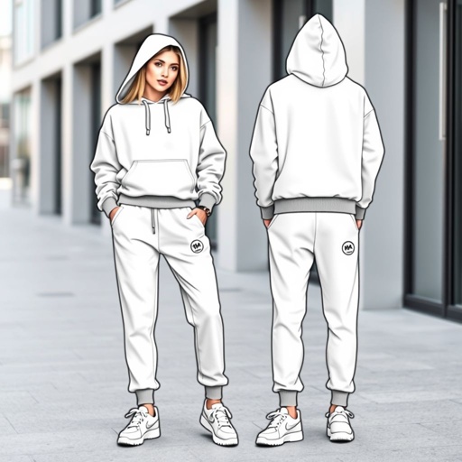 mockup design, Design a stylish, modern sweat suit set featuring a tapered jogger pant and a cozy pullover hoodie. Incorporate breathable, eco-friendly fabric in a calming pastel color palette. Add subtle branding, functional pockets, and ribbed cuffs for a snug fit. Showcase the outfit in an urban setting, highlighting versatility and comfort.