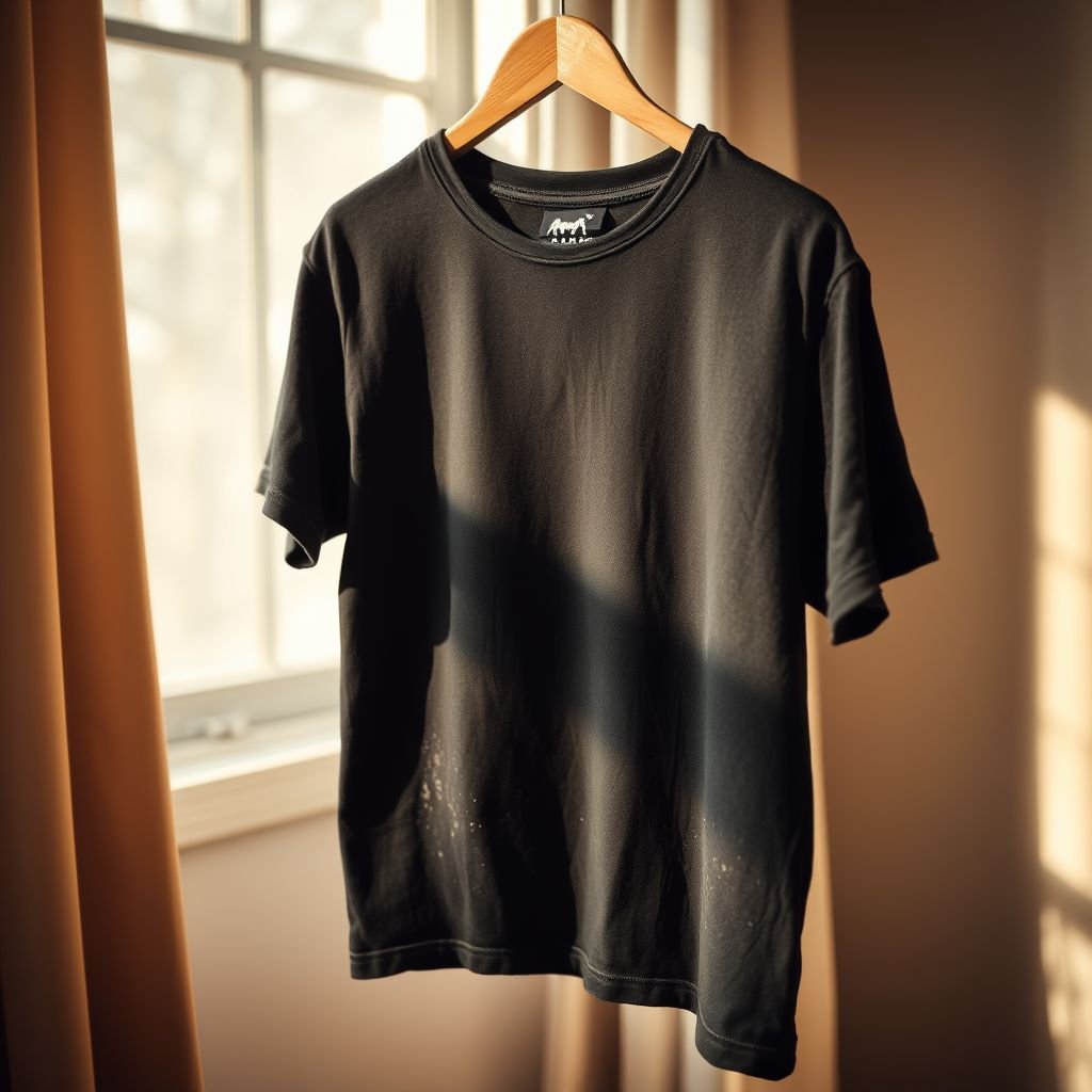 A black t-shirt, soft cotton fabric, slightly wrinkled, hanging on a vintage wooden hanger. Subtle texture visible, a classic crew neck style. Minimalist logo printed in white, artistic splatters of paint around the hem. Warm, diffused sunlight streaming through a nearby window, casting gentle shadows across the fabric. Peaceful ambiance.