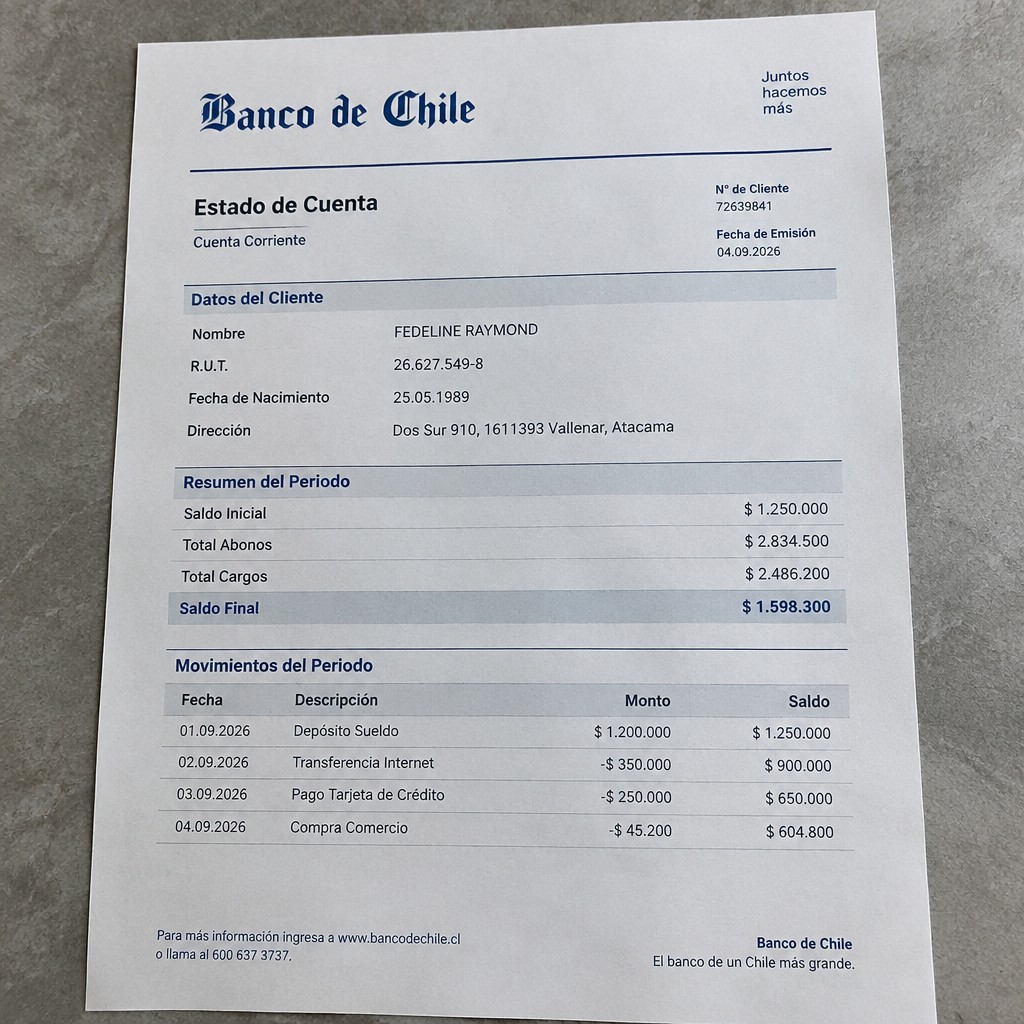Create any statement containing the data. these can be statements such as : Bank statement. BANCO DE CHILE the statement should be realistic, as if it were photographed on a phone. The statement is on the same background.
Name FEDELINE RAYMOND
Address
Dos Sur 910, 1611393 Vallenar, Atacama
R.U.T. 26.627.549-8
Date of birth 25.05.1989
Date of discharge 04.09.2026 (SEPTEMBER 2026)