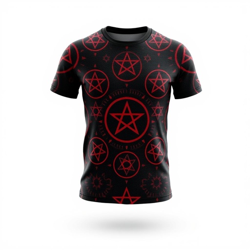 mockup design, Create a detailed mockup of a realistic 3D t-shirt featuring a striking pattern of inverted crosses and pentagrams. The fabric should have a textured look, with vibrant colors that enhance the symbols. Showcase the t-shirt from multiple angles to highlight the intricate design and modern streetwear aesthetic.