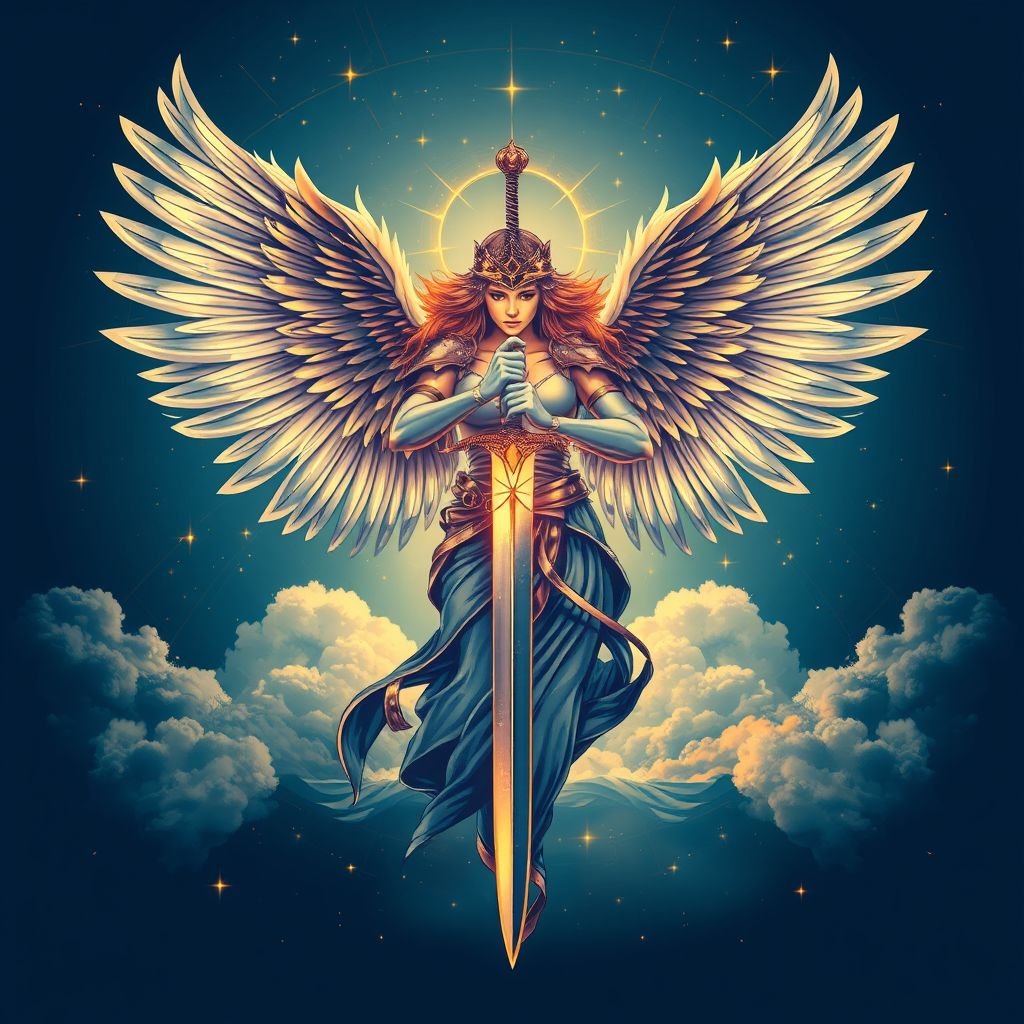 mockup design, Design a striking t-shirt graphic featuring an angelic warrior, radiating strength and grace. The image should showcase intricate feathered wings and a gleaming sword, set against a celestial backdrop of stars and clouds. Use a vibrant color palette of blues and golds, blending ethereal and fierce elements to create a captivating visual.