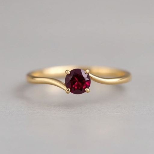 A minimalist gold ring, delicately crafted. A solitary ruby, deep red, glistens at the center, radiating elegance. Smooth curves of the band embrace the gemstone, symbolizing unity and love. Subtle yet striking, the design embodies timeless beauty, perfect for a wedding occasion, evoking warmth and passion in every glance.