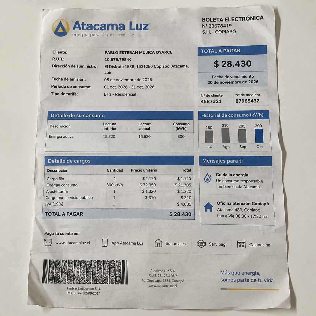 Create a statement, an electricity bill in CHILE. The A4 statement should be realistic, as if it were photographed on a phone. The document should be on a white background. The document must be for the last 3 months of October 2026. The document should contain several transactions and be wrinkled at the edges.
Name PABLO ESTEBAN MUJICA OYARCE
Address El Disfrute 1538, 1531250 Copiapó, Atacama
R.U.T. 10675795-K
Date of birth 21.09.1979