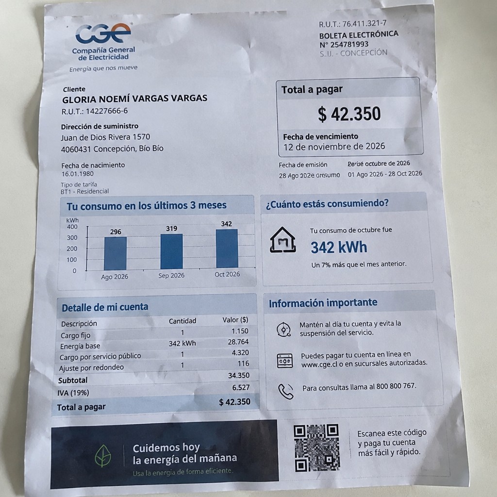 Create a statement, an electricity bill in CHILE. The A4 statement should be realistic, as if it were photographed on a phone. The document should be on a white background. The document must be for the last 3 months of October 2026. The document should contain several transactions and be wrinkled at the edges.
Name GLORIA NOEMÍ VARGAS VARGAS
Address Juan de Dios Rivera 1570, 4060431 Concepción, Bío Bío
R.U.T. 14227666-6
Date of birth 16.01.1980
Date of discharge 28.10.2026 (OCTOBER 2026)