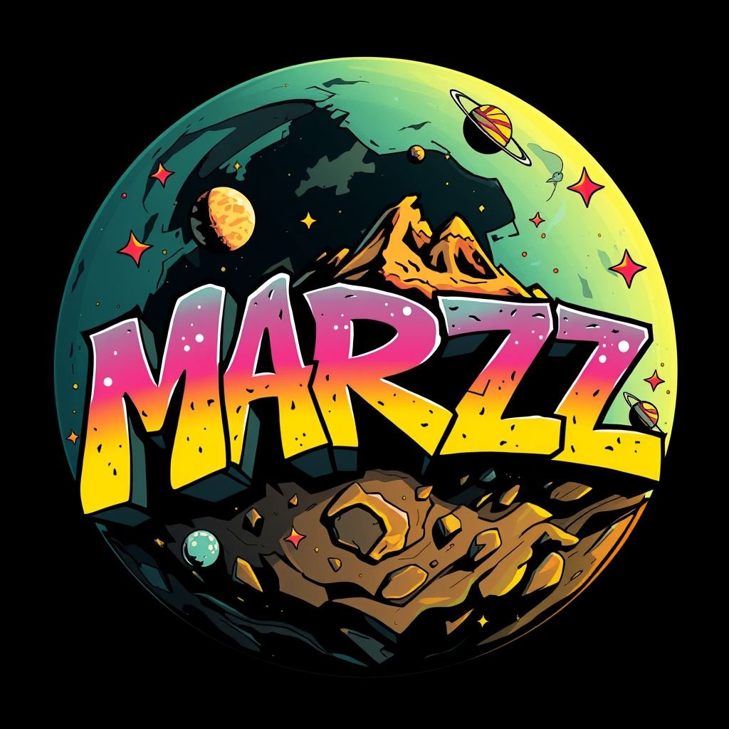 mockup design, Design a vibrant mockup of the word "MARZZ" crafted from the terrain and features of the actual planet Marzz. Incorporate bold 90’s graffiti elements, with splashes of color evoking retro street art. Elements like stars, planets, and cosmic motifs should complement the graffiti style, enhancing its urban appeal.