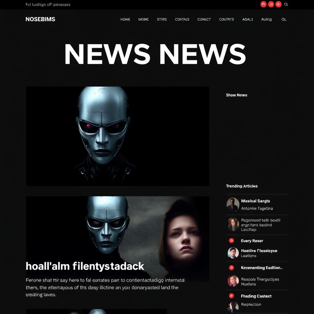 A sleek, modern news website interface. Bold, eye-catching headline centered at the top. Clean typography, dark theme with contrasting light accents. Image placeholders beneath the headline: one showcasing a sinister, metallic robotic face, the other revealing a haunting, melancholic depiction of the victim. Date and time positioned elegantly in the corner. Menu bar featuring links to trending articles. Subtle animations for an engaging user experience.