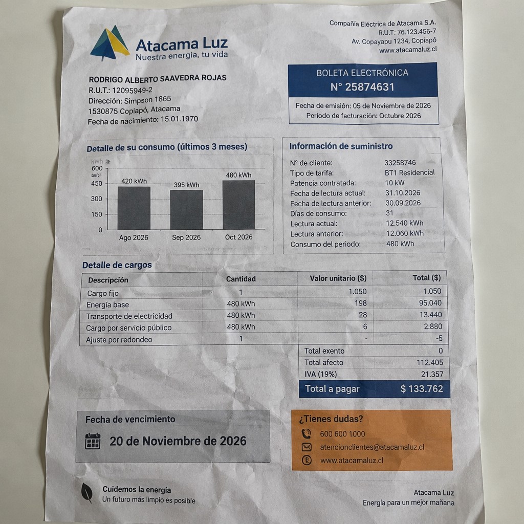 Create a statement, an electricity bill in CHILE. The A4 statement should be realistic, as if it were photographed on a phone. The document should be on a white background. The document must be for the last 3 months of October 2026. The document should contain several transactions and be wrinkled at the edges.
Name RODRIGO ALBERTO SAAVEDRA ROJAS
Address Simpson 1865, 1530875 Copiapó, Atacama
R.U.T. 12095949-2
Date of birth 15.01.1970