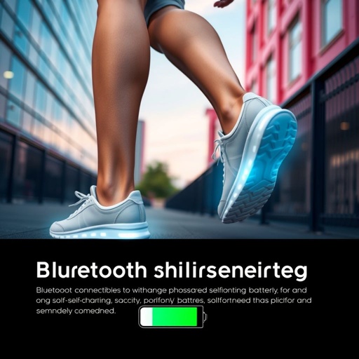 mockup design, Create a sleek, modern mockup featuring a woman confidently walking in innovative smart shoes. Highlight the Bluetooth connectivity through subtle glowing accents, and incorporate an animated visual of the self-charging battery symbol. Use a vibrant urban backdrop, showcasing fitness and technology seamlessly combined, while emphasizing comfort, style, and functionality in the footwear.